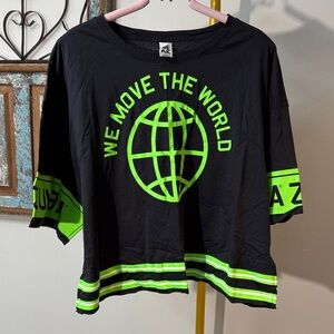 Zumba Fitness Black Tee with Neon Green Globe Graphic EUC L